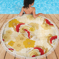 Beige Palaka Hawaii Aloha Beach Blanket Koi Pond Mix Ilima Flowers - Polynesian Pride