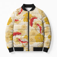 Beige Palaka Hawaii Aloha Bomber Puffer Jacket Koi Pond Mix Ilima Flowers - Polynesian Pride