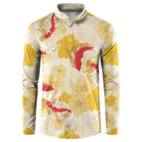 Beige Palaka Hawaii Aloha Button Sweatshirt Koi Pond Mix Ilima Flowers - Polynesian Pride