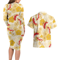 Beige Palaka Hawaii Aloha Couples Matching Long Sleeve Bodycon Dress and Hawaiian Shirt Koi Pond Mix Ilima Flowers LT7 - Polynesian Pride