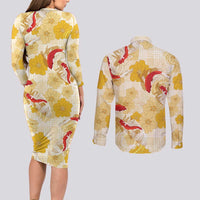 Beige Palaka Hawaii Aloha Couples Matching Long Sleeve Bodycon Dress and Long Sleeve Button Shirt Koi Pond Mix Ilima Flowers - Polynesian Pride