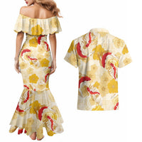Beige Palaka Hawaii Aloha Couples Matching Mermaid Dress and Hawaiian Shirt Koi Pond Mix Ilima Flowers LT7 - Polynesian Pride