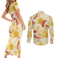 Beige Palaka Hawaii Aloha Couples Matching Short Sleeve Bodycon Dress and Long Sleeve Button Shirt Koi Pond Mix Ilima Flowers LT7 - Polynesian Pride