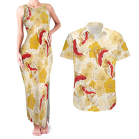 Beige Palaka Hawaii Aloha Couples Matching Tank Maxi Dress and Hawaiian Shirt Koi Pond Mix Ilima Flowers LT7 Cream Yellow - Polynesian Pride
