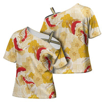 Beige Palaka Hawaii Aloha Cross Shoulder Shirt Koi Pond Mix Ilima Flowers - Polynesian Pride