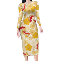 Beige Palaka Hawaii Aloha Family Matching Long Sleeve Bodycon Dress and Hawaiian Shirt Koi Pond Mix Ilima Flowers LT7 Cream Yellow - Polynesian Pride