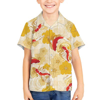 Beige Palaka Hawaii Aloha Family Matching Long Sleeve Bodycon Dress and Hawaiian Shirt Koi Pond Mix Ilima Flowers LT7 - Polynesian Pride