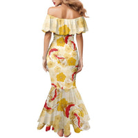 Beige Palaka Hawaii Aloha Family Matching Mermaid Dress and Hawaiian Shirt Koi Pond Mix Ilima Flowers - Polynesian Pride