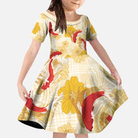 Beige Palaka Hawaii Aloha Family Matching Off The Shoulder Long Sleeve Dress and Hawaiian Shirt Koi Pond Mix Ilima Flowers LT7 Daughter's Dress Cream Yellow - Polynesian Pride