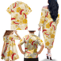 Beige Palaka Hawaii Aloha Family Matching Off The Shoulder Long Sleeve Dress and Hawaiian Shirt Koi Pond Mix Ilima Flowers LT7 - Polynesian Pride