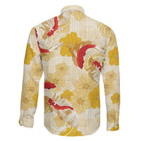 Beige Palaka Hawaii Aloha Family Matching Off The Shoulder Long Sleeve Dress and Hawaiian Shirt Koi Pond Mix Ilima Flowers LT7 - Polynesian Pride