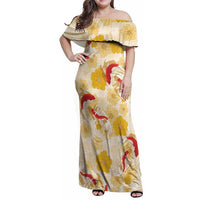 Beige Palaka Hawaii Aloha Family Matching Off Shoulder Maxi Dress and Hawaiian Shirt Koi Pond Mix Ilima Flowers LT7 Cream Yellow - Polynesian Pride