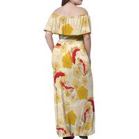 Beige Palaka Hawaii Aloha Family Matching Off Shoulder Maxi Dress and Hawaiian Shirt Koi Pond Mix Ilima Flowers LT7 - Polynesian Pride