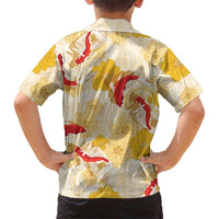 Beige Palaka Hawaii Aloha Family Matching Off Shoulder Short Dress and Hawaiian Shirt Koi Pond Mix Ilima Flowers LT7 - Polynesian Pride