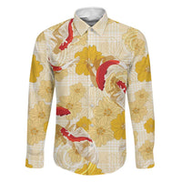 Beige Palaka Hawaii Aloha Family Matching Off Shoulder Short Dress and Hawaiian Shirt Koi Pond Mix Ilima Flowers LT7 Dad's Shirt - Long Sleeve Cream Yellow - Polynesian Pride