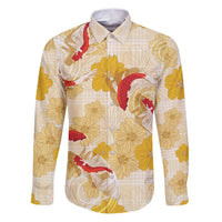 Beige Palaka Hawaii Aloha Family Matching Puletasi and Hawaiian Shirt Koi Pond Mix Ilima Flowers LT7 Dad's Shirt - Long Sleeve Cream Yellow - Polynesian Pride