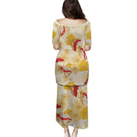 Beige Palaka Hawaii Aloha Family Matching Puletasi and Hawaiian Shirt Koi Pond Mix Ilima Flowers LT7 - Polynesian Pride