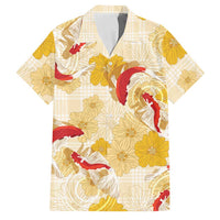 Beige Palaka Hawaii Aloha Family Matching Short Sleeve Bodycon Dress and Hawaiian Shirt Koi Pond Mix Ilima Flowers LT7 Dad's Shirt - Short Sleeve Cream Yellow - Polynesian Pride