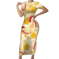 Beige Palaka Hawaii Aloha Family Matching Short Sleeve Bodycon Dress and Hawaiian Shirt Koi Pond Mix Ilima Flowers LT7 Cream Yellow - Polynesian Pride