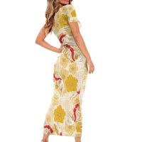 Beige Palaka Hawaii Aloha Family Matching Short Sleeve Bodycon Dress and Hawaiian Shirt Koi Pond Mix Ilima Flowers - Polynesian Pride