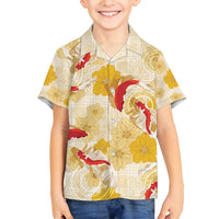 Beige Palaka Hawaii Aloha Family Matching Tank Maxi Dress and Hawaiian Shirt Koi Pond Mix Ilima Flowers LT7 - Polynesian Pride