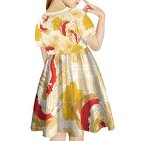 Beige Palaka Hawaii Aloha Kid Short Sleeve Dress Koi Pond Mix Ilima Flowers - Polynesian Pride