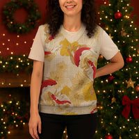 Beige Palaka Hawaii Aloha Christmas Knitted V-Neck Vest Koi Pond Mix Ilima Flowers - Polynesian Pride