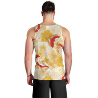 Beige Palaka Hawaii Aloha Men Tank Top Koi Pond Mix Ilima Flowers - Polynesian Pride