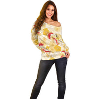Beige Palaka Hawaii Aloha Off Shoulder Sweater Koi Pond Mix Ilima Flowers - Polynesian Pride