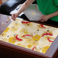 Beige Palaka Hawaii Aloha Puzzle Koi Pond Mix Ilima Flowers - Polynesian Pride