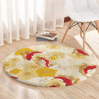 Beige Palaka Hawaii Aloha Round Carpet Koi Pond Mix Ilima Flowers - Polynesian Pride