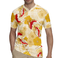Beige Palaka Hawaii Aloha Rugby Jersey Koi Pond Mix Ilima Flowers - Polynesian Pride