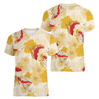 Beige Palaka Hawaii Aloha Women V-Neck T-Shirt Koi Pond Mix Ilima Flowers - Polynesian Pride