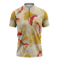 Beige Palaka Hawaii Aloha Zipper Polo Shirt Koi Pond Mix Ilima Flowers - Polynesian Pride