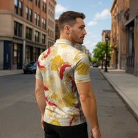 Beige Palaka Hawaii Aloha Zipper Polo Shirt Koi Pond Mix Ilima Flowers - Polynesian Pride