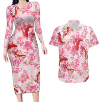 Pink Palaka Hawaii Aloha Couples Matching Long Sleeve Bodycon Dress and Hawaiian Shirt Koi Pond Mix Sakura - Polynesian Pride