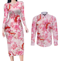 Pink Palaka Hawaii Aloha Couples Matching Long Sleeve Bodycon Dress and Long Sleeve Button Shirt Koi Pond Mix Sakura - Polynesian Pride