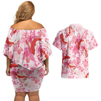 Pink Palaka Hawaii Aloha Couples Matching Off Shoulder Short Dress and Hawaiian Shirt Koi Pond Mix Sakura LT7 - Polynesian Pride