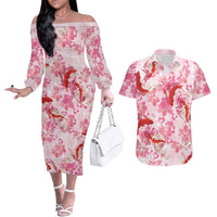 Pink Palaka Hawaii Aloha Couples Matching Off The Shoulder Long Sleeve Dress and Hawaiian Shirt Koi Pond Mix Sakura LT7 Pink - Polynesian Pride