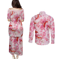 Pink Palaka Hawaii Aloha Couples Matching Puletasi and Long Sleeve Button Shirt Koi Pond Mix Sakura - Polynesian Pride