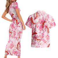 Pink Palaka Hawaii Aloha Couples Matching Short Sleeve Bodycon Dress and Hawaiian Shirt Koi Pond Mix Sakura - Polynesian Pride