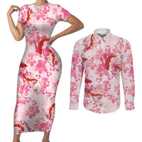 Pink Palaka Hawaii Aloha Couples Matching Short Sleeve Bodycon Dress and Long Sleeve Button Shirt Koi Pond Mix Sakura - Polynesian Pride