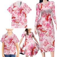Pink Palaka Hawaii Aloha Family Matching Long Sleeve Bodycon Dress and Hawaiian Shirt Koi Pond Mix Sakura LT7 - Polynesian Pride