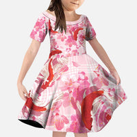 Pink Palaka Hawaii Aloha Family Matching Off The Shoulder Long Sleeve Dress and Hawaiian Shirt Koi Pond Mix Sakura LT7 Daughter's Dress Pink - Polynesian Pride