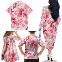 Pink Palaka Hawaii Aloha Family Matching Off The Shoulder Long Sleeve Dress and Hawaiian Shirt Koi Pond Mix Sakura LT7 - Polynesian Pride