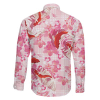 Pink Palaka Hawaii Aloha Family Matching Off The Shoulder Long Sleeve Dress and Hawaiian Shirt Koi Pond Mix Sakura LT7 - Polynesian Pride