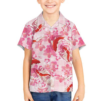 Pink Palaka Hawaii Aloha Family Matching Off The Shoulder Long Sleeve Dress and Hawaiian Shirt Koi Pond Mix Sakura LT7 - Polynesian Pride
