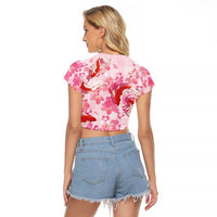 Pink Palaka Hawaii Aloha Raglan Cropped T Shirt Koi Pond Mix Sakura - Polynesian Pride