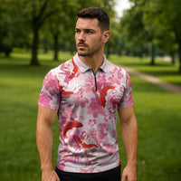 Pink Palaka Hawaii Aloha Zipper Polo Shirt Koi Pond Mix Sakura - Polynesian Pride