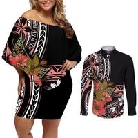 Hawaii Valentine Couples Matching Off Shoulder Short Dress and Long Sleeve Button Shirt Plumeria Aloha Wau Ia Oe LT7 Pink - Polynesian Pride